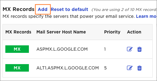 The Add MX Record link.