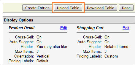 The Cross Sell Manager Upload Table button.