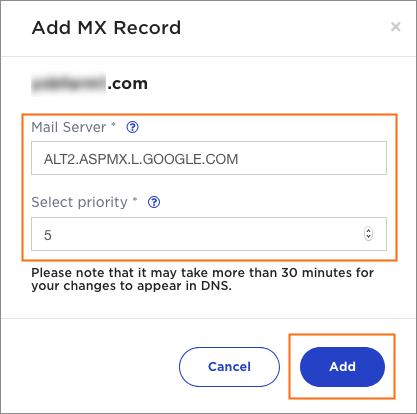 The Add MX Record dialog.