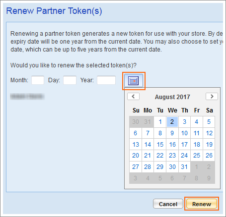 The Renew API Token dialog.