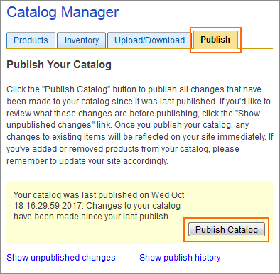 The Publish tab and Publish Catalog button.