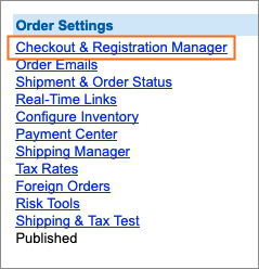 The Checkout & Registration Manager link is under Order Settings.