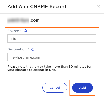 The Add A or CNAME Record dialog.