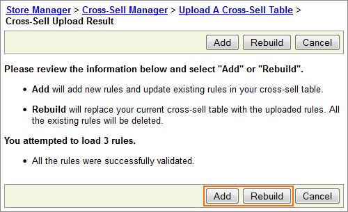 The Cross Sell Manager Add or Rebuild dialog.