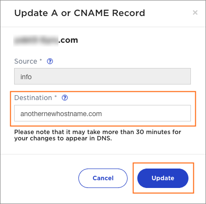 The Update A or CNAME Record dialog.