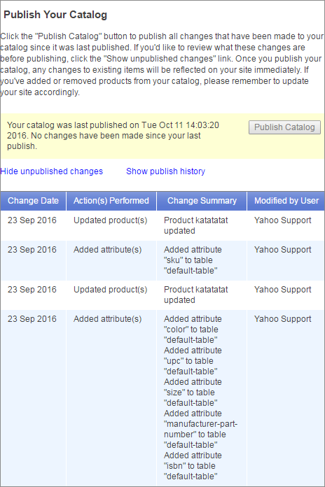 The unpublished changes log in Catalog Manager.