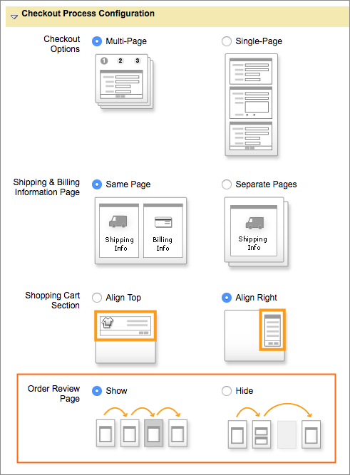 Select an option for the Order Review page: Show or Hide.