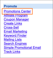 The Promotions Center link is under Promote.