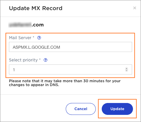 The Update MX Record dialog.