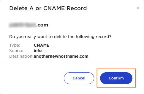 The Delete A or CNAME Record dialog.