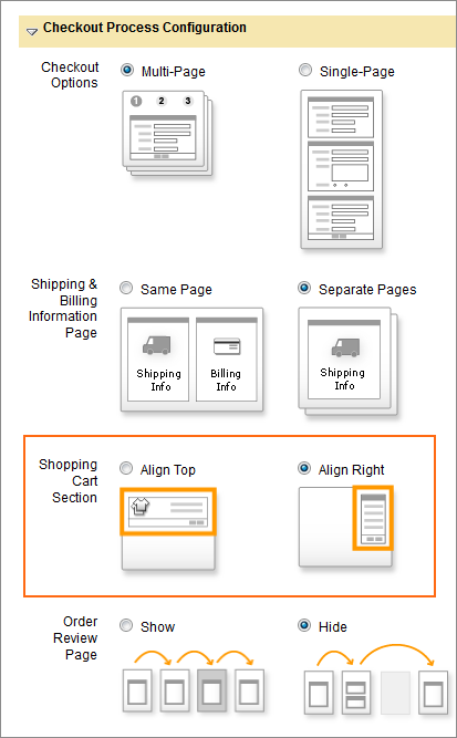 The shopping cart alignment options.