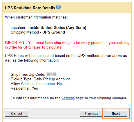 The UPS Real-time Rate Details page