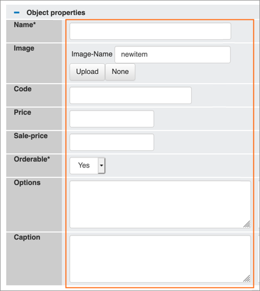 Object properties options.