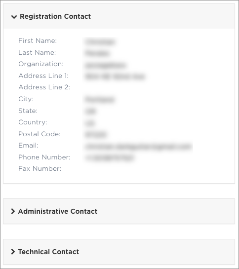 Example Contact Information page with registrant data obscured.