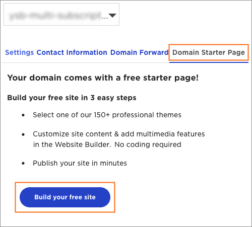 The Domain Starter Page tab and Build your free site button.