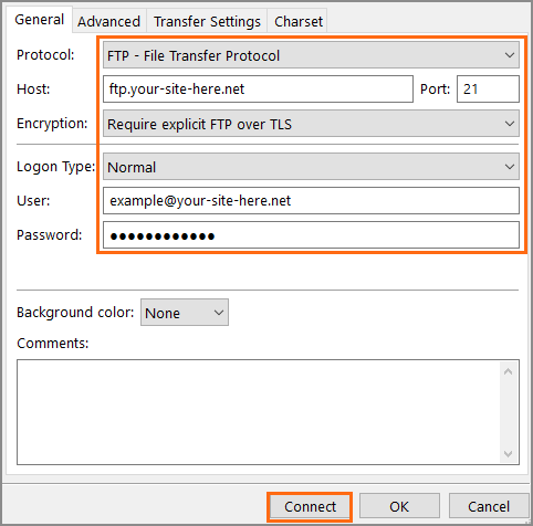 FileZilla Site Manager General Tab.