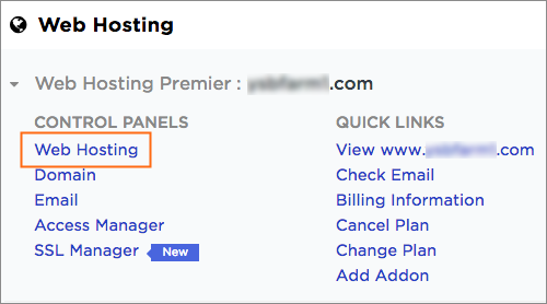 The Web Hosting link is under Control Panels.