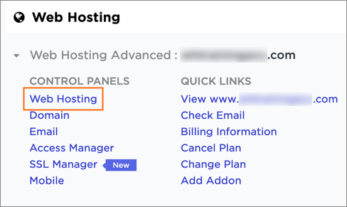 The Web Hosting link is under Control Panels.