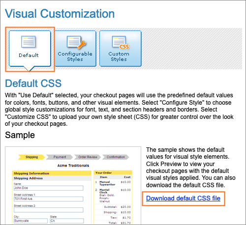 The Visual Customization Default page.