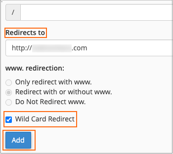 The Redirect To field, Wild Card Redirect checkbox and Add button under Add Redirect.