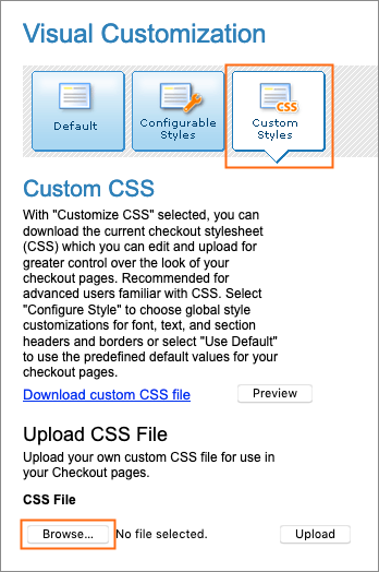 The Visual Customization Custom Styles page and Browse button.