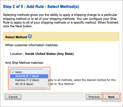 Selecting a shipping method.