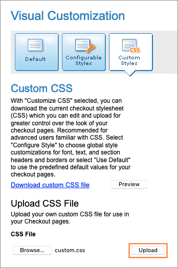 The Visual Customization Custom Styles page and Upload button.