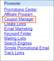 The Coupon Manager link is under Promote.