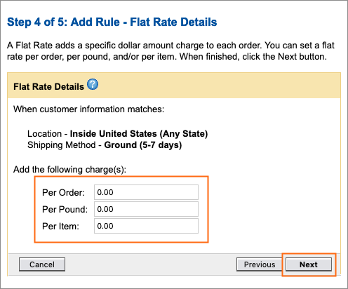 Options available on the Flat Rate Details page.