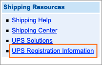 The Shipping Resources box and UPS Registration Information link.