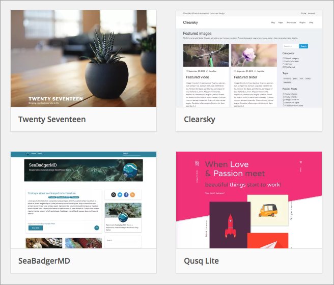 Image showing thumbnails for four WordPress themes.