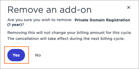 Confirm that you wish to cancel Private Domain Registration.