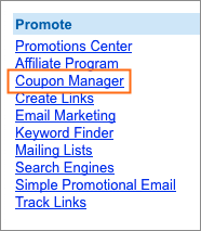 The Coupon Manager link is under Promote.