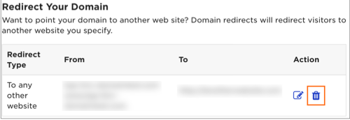 The Delete icon is to the right of the redirect destination address.
