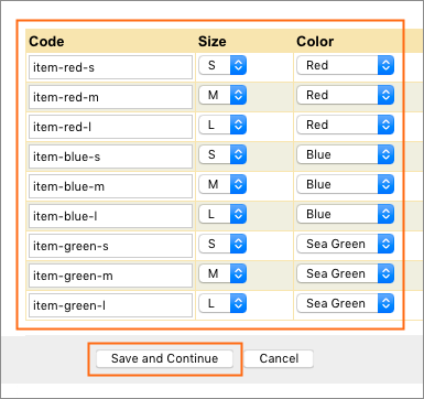 The Add Item - Options Codes page.