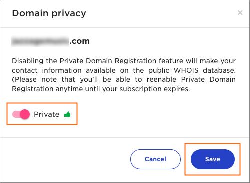 The Domain privacy dialog.