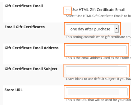 Gift Certificate Email Settings.