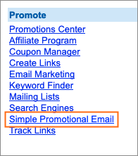 The Simple Promotional Email link is under Promote.