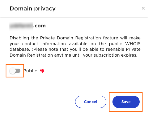 The Domain privacy dialog.