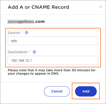 The Add A or CNAME Record dialog.