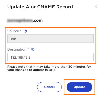 The Update A or CNAME Record dialog.