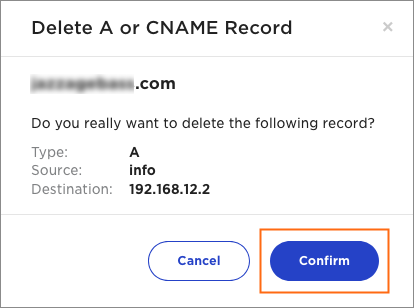 The Delete A or CNAME Record dialog.