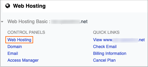 The Web Hosting link under Control Panel.