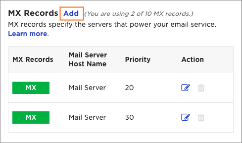 The Add link in the MX Records section.