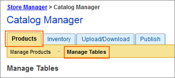 The Products tab and Manage Tables link