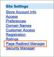 The Page Redirect Manager link is under Site Settings.