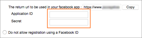 The Facebook Application ID and Application Secret fields.