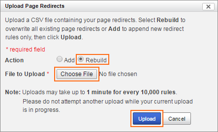 Select the Rebuild action, then click the Browse button beside the File to Upload field and select your redirect rule CSV file from where it is saved on your computer, and click the Upload button.