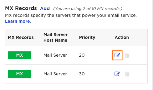 The Edit icon in the MX Records section.