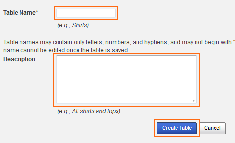 The Add New table dialog